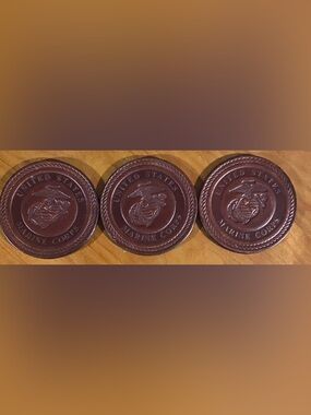 United States Marine Corps 4” Leather Coasters Set of 3 - Dark Brown